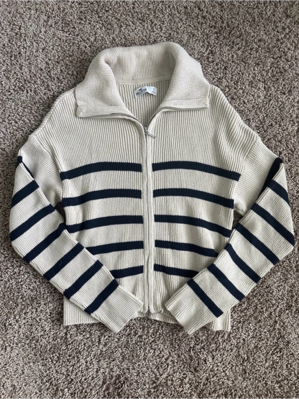 Hollister Cream Two-Way Zip-Up Cardigan with Black Stripes